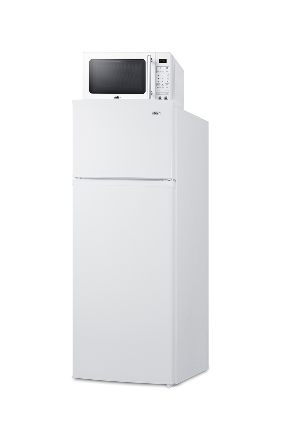 2-door mid-sized refrigerator-freezer and compact microwave in white with allocator and USB ports for 1-plug operation; ships in three boxes on one pallet